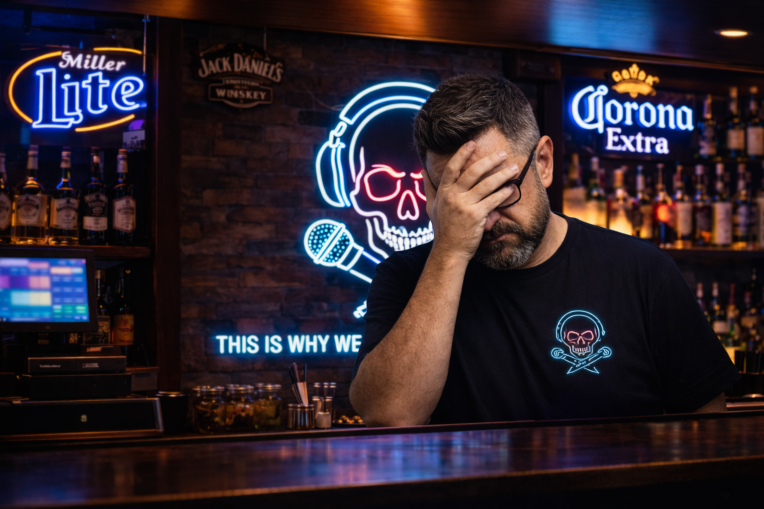 DJ Fiddlesticks facepalming behind a bar with neon signage