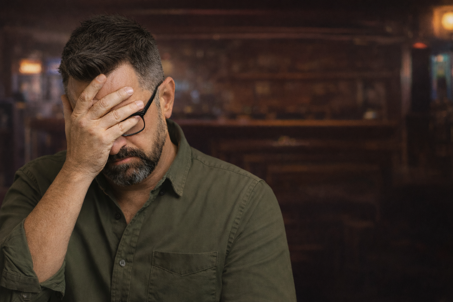 DJ Fiddlesticks facepalm portrait in a dark bar