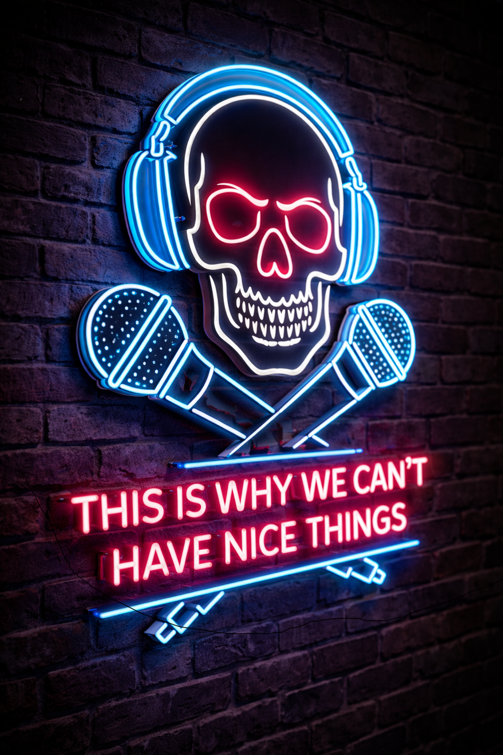 Neon skull and microphone sign on a brick wall
